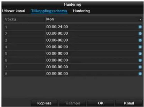 Hantering Uttosor kanal Tillkopplingsschema Hantoring Vocka Mon 1 00:00-24:00 2 00:00-00:00 3 00:00-00:00 4 00:00-00:00 5 00:00-00:00 6 00:00-00:00 7 00:00-00:00 8 00:00-00:00 Kopiera Tillampa OK Kanal