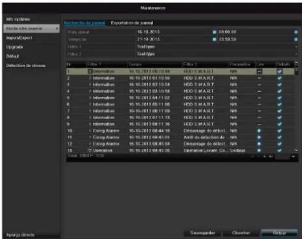 Maintenance Info system Rechts de journal Exportation de journal Date default 16-10-2013 00:00:00 Tempo for 21-10-2013 23:00:00 Format 1 Text type Format 2 Text type Extractions de réseuses File Edit 1 Times Edit 2 Properties View Default 1 Information 16-10-2013 00:10:00 HDD S M A R T N/A 2 Information 16-10-2013 01:10:00 HDD S M A R T N/A 3 Information 16-10-2013 02:10:04 HDD S M A R T N/A 4 Information 16-10-2013 03:10:58 HDD S M A R T N/A 5 Information 16-10-2013 04:11:07 HDD S M A R T N/A 6 Information 16-10-2013 05:11:00 HDD S M A R T N/A 7 Information 16-10-2013 06:11:09 HDD S M A R T N/A 8 Information 16-10-2013 07:11:13 HDD S M A R T N/A 9 Information 16-10-2013 08:11:16 HDD S M A R T N/A 10 Energ Atarne 16-10-2013 08:44:18 Détennage de débit. N/A 11 Energ Atarne 16-10-2013 08:45:03 Arbit de détenution de N/A 12 Energ Atarne 16-10-2013 08:45:09 Détennage de débit. N/A 13 C Operation 16-10-2013 08:45:35 Opérature Locale, Co., Cédage Total: 20007.3.24 Apoyo directe Startup Character Update