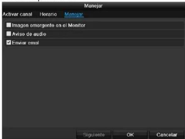 Manejar Activar canal Horario Manojar ■ Imagen emergente en el Monitor ■ Aviso de audio ✓ Enviar email Siguiente OK Cancelar