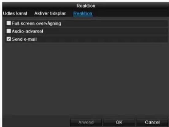 Reaktion Udles kanal Aktiver tidsplan Resktion Full-screen-overvågning Audio-advarsol Send e-mail Anvond OK Cancel