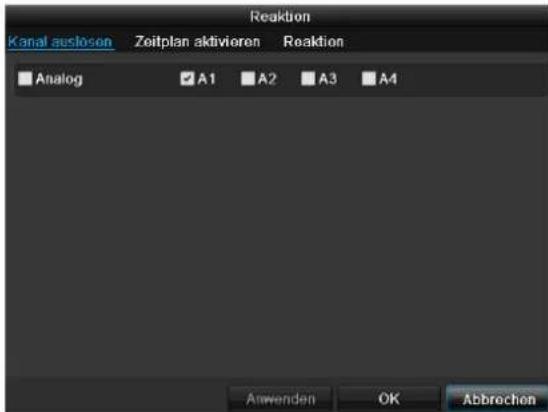 Reaktion Kanal auslosen Zeitplan aktivieren Reaktion Analog A1 A2 A3 A4 Anwenden OK Abbrechen