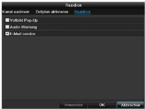 Reaktion Kanal auslösen Zeitplan aktivieren Reaktion Vollbild Pop-Up Audio Warnung E-Mail senden Anwenden OK Abbrechen