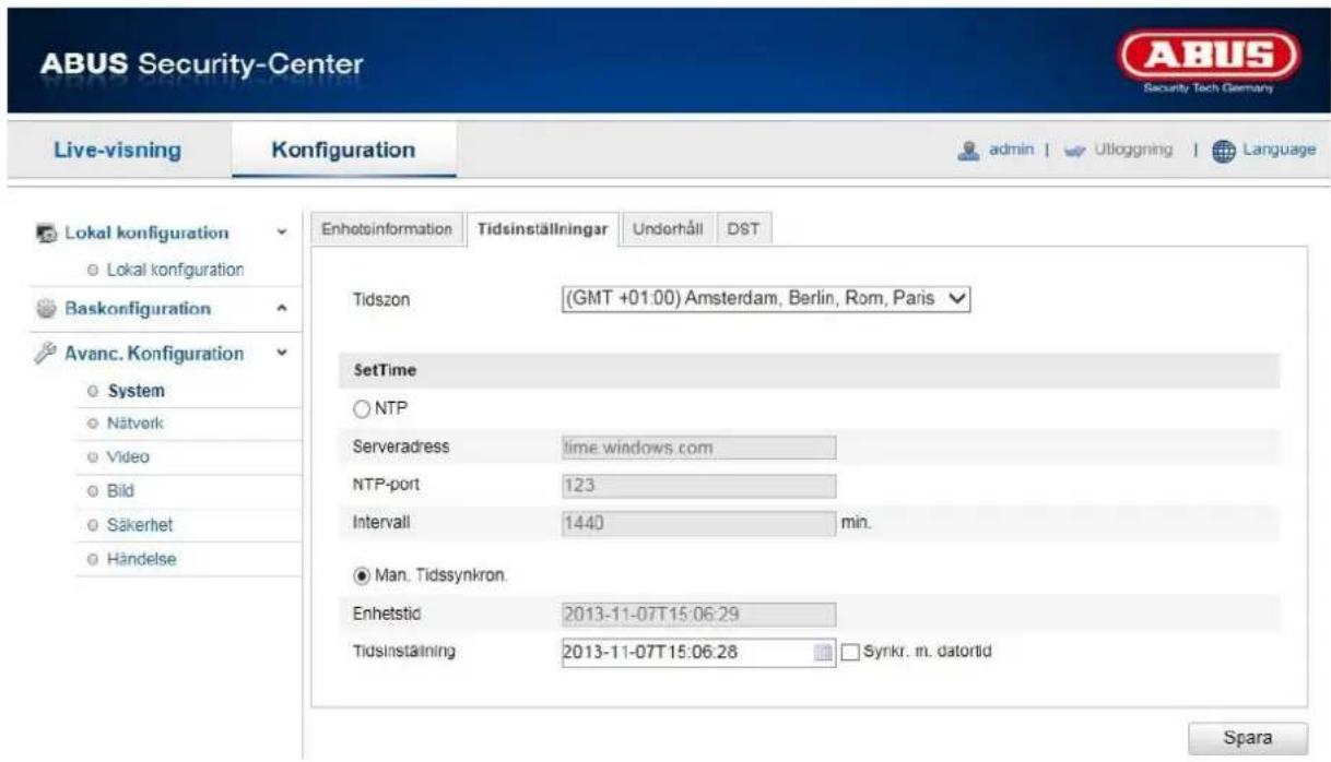 ABUS Security-Center Security Tech Germany Live-visning Konfiguration admin | Utloggning | Language Lokal konfiguration ○ Lokal konfiguration Baskonfiguration Avanc. Konfiguration ○ System ○ Nätvork ○ Video ○ Bild ○ Säkerhet ○ Händelse Enhotsinformation Tidsinställningar Underhåll DST Tidszon (GMT +01:00) Amsterdam, Berlin, Rom, Paris SetTime ○ NTP Serveradress time windows.com NTP-port 123 Intervall 1440 min. ● Man. Tidssynkron. Enhetstid 2013-11-07T15:06:29 Tidsinställning 2013-11-07T15:06:28 Synikr. m. datorlid Spara