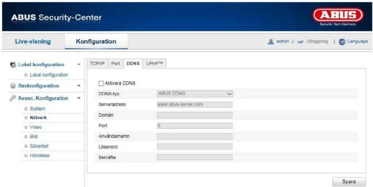 ABUS Security-Center Live-visning Konfiguration admin | Utloggning | Language Lokal konfiguration Lokal konfiguration Baskonfiguration Avanc. Konfiguration System Nätverk Video Bild Säkerhet Händelse TCP/IP Port DDNS UPnPTM Aktivera DDNS DDNS-typ ABUS DDNS Serveradress www.abus-server.com Domän Port 0 Användarnamn Lösenord Bekráfta Spara