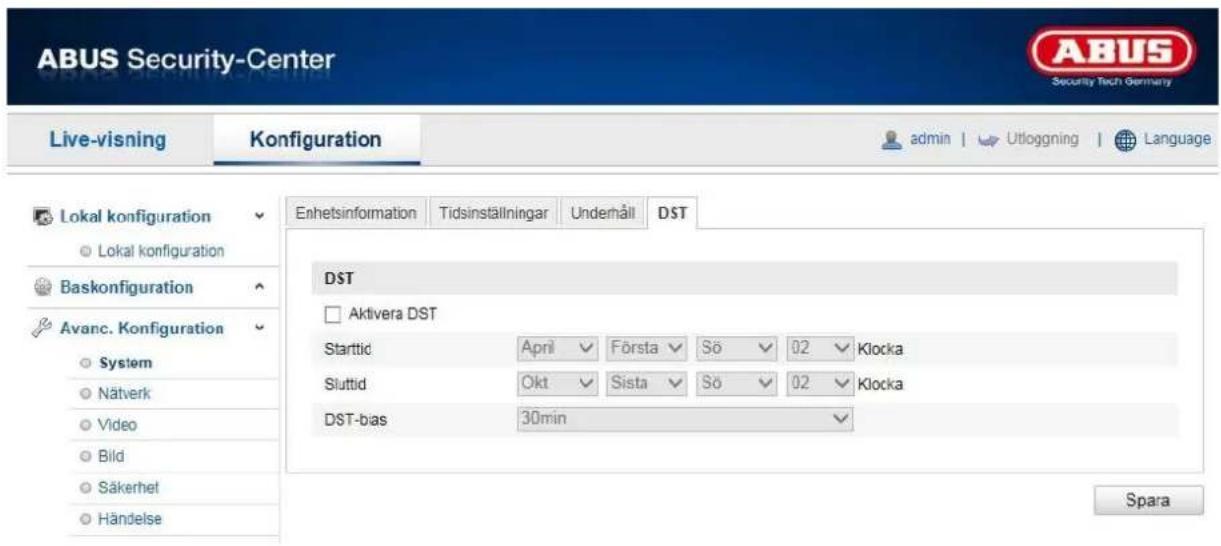 ABUS Security-Center Live-visning Konfiguration admin | Utloggning | Language Lokal konfiguration Lokal konfiguration Baskonfiguration Avanc. Konfiguration System Nätverk Video Bild Säkerhet Händelse Enhetsinformation Tidsinställningar Underhåll DST DST Aktivera DST Starttid April Första Sö 02 Klocka Sluttid Okt Sista Sö 02 Klocka DST-bias 30min Spara