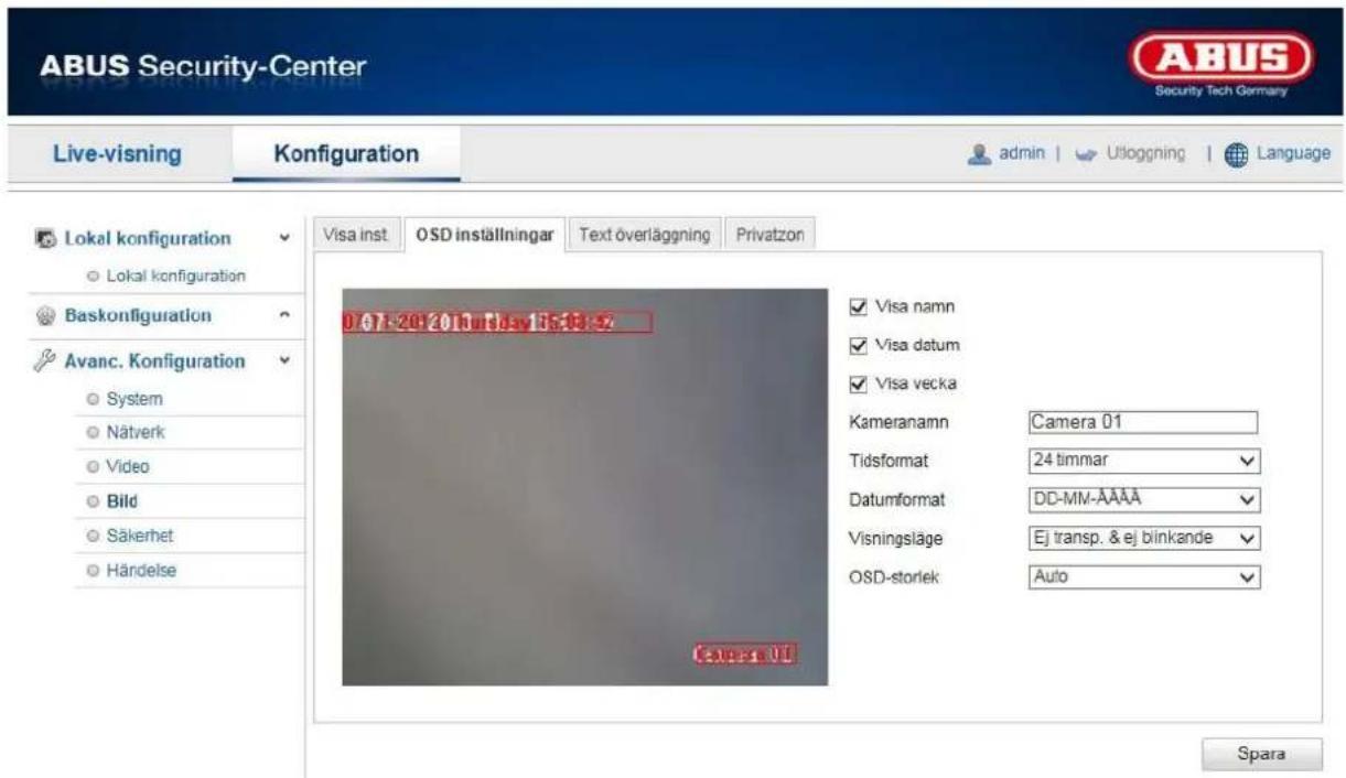 ABUS Security-Center Live-visning Konfiguration admin | Utloggning | Language Lokal konfiguration Lokal konfiguration Baskonfiguration Avanc. Konfiguration System Nätverk Video Bild Säkerhet Händelse 07-20-2010 visa 15:33:32 Visa namn Visa datum Visa vecka Kameranamn Camera 01 Tidsformat 24 timmar Datumformat DD-MM-ÄÄÄÄ Visningsläge Ej transp. & ej blinkande OSD-storlek Auto Spara