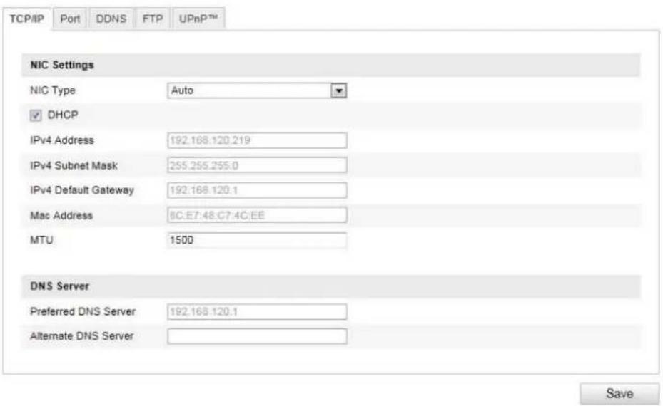 TCP/IP Port DDNS FTP UPnP™ NIC Settings NIC Type Auto ✓ DHCP IPv4 Address 192.168.120.219 IPv4 Subnet Mask 255.255.255.0 IPv4 Default Gateway 192.168.120.1 Mac Address 8C:E7:48:C7:4C:EE MTU 1500 DNS Server Preferred DNS Server 192.168.120.1 Alternate DNS Server Save