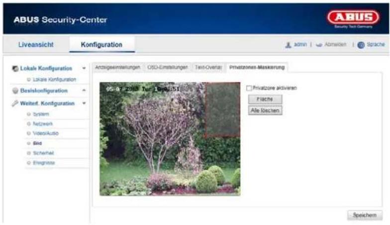 ABUS Security-Center Liveansicht Konfiguration Lokale Konfiguration Lokale Konfiguration Basiskonfiguration Weitere Konfiguration System Netzwerk Video/Audio Bio Sicherheit Erengaste Antragsgesinstellungen OSD-Einstellungen Text-Overlass Privatzones-Massierung 05-07 2018 Tert 1.00:51 Privatzone aktivieren Fläche Alle loschen Speichen