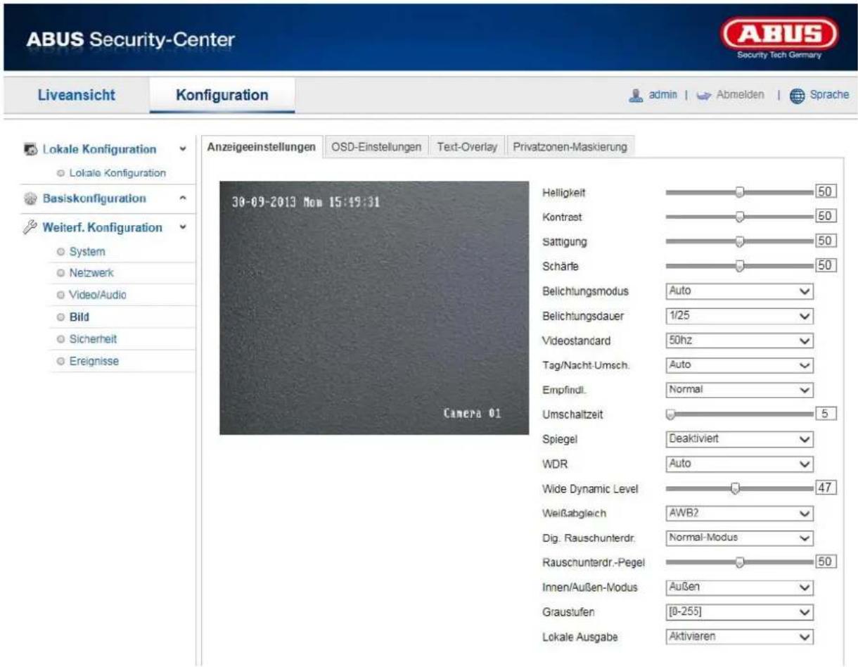 ABUS Security-Center Liveansicht Konfiguration admin Abmelden Sprache Anzeigeeinstellungen OSD-Einstellungen Text-Overlay Privatzonen-Maskierung Lokale Konfiguration Lokale Konfiguration Basiskonfiguration Weiterf. Konfiguration System Netzwerk Video/Audio Bild Sicherheit Ereignisse 30-09-2013 Mon 15:49:31 Camera 01 Helligkeit 50 Kontrest 60 Sattigung 50 Schärfe 50 Belichtungsmodus Auto Belichtungsdauer 1/25 Videostandard 50hz Tag/Nacht-Umsch. Auto Empfindl. Normal Umschaltzeit 5 Spiegel Deaktiviert WDR Auto Wide Dynamic Level 47 Weißabgleich AWB2 Dig. Rauschunterdr. Normal-Modus Rauschunterdr.-Pegel 50 Innen/Außen-Modus Außen Graustufen [0-255] Lokale Ausgabe Aktivieren