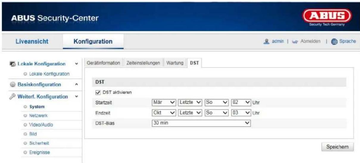 ABUS Security-Center Liveansicht Konfiguration admin | Abmelden | Sprache Lokale Konfiguration Lokale Konfiguration Basiskonfiguration Weiterf. Konfiguration System Netzwerk Video/Audio Bild Sicherheit Ereignisse Gerätinformation Zeiteinstellungen Wartung DST DST ✓ DST aktivieren Startzeit Mär ✓ Letzte ✓ So ✓ 02 ✓ Uhr Endzeit Okt ✓ Letzte ✓ So ✓ 03 ✓ Uhr DST-Bias 30 min ✓ Speichern