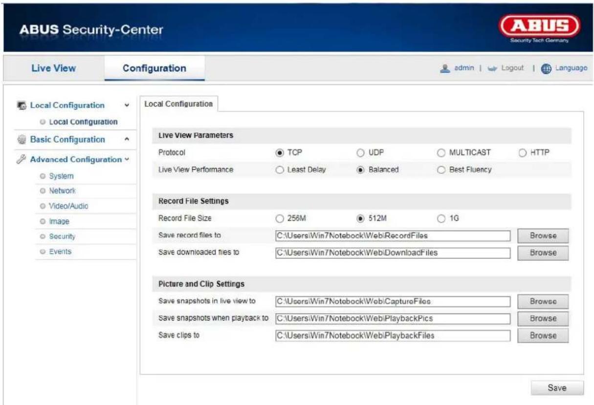 ABUS Security-Center admin | Logout | Language Live View Configuration Local Configuration Local Configuration Live View Parameters Protocol ○ TCP ○ UDP ○ MULTICAST ○ HTTP Live View Performance ○ Least Delay ● Balanced ○ Best Fluency Record File Settings Record File Size ○ 256M ● 512M ○ 1G Save record files to C:\Users\Win7Notebook\Web\RecordFiles Browse Save downloaded files to C:\Users\Win7Notebook\Web\DownloadFiles Browse Picture and Clip Settings Save snapshots in live view to C:\Users\Win7Notebook\Web\CaptureFiles Browse Save snapshots when playback to C:\Users\Win7Notebook\Web\PlaybackPics Browse Save clips to C:\Users\Win7Notebook\Web\PlaybackFiles Browse Save