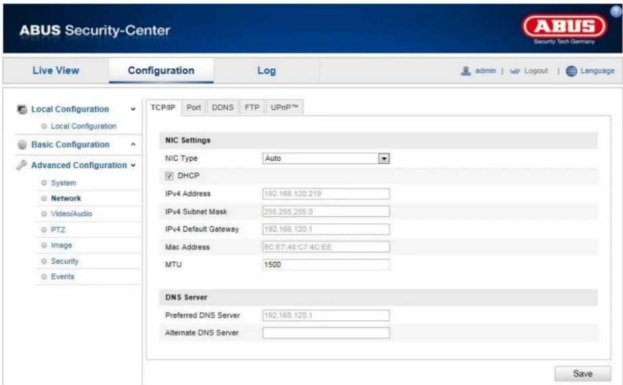 ABUS Security-Center Live View Configuration Log admin | Logout | Language Local Configuration Local Configuration Basic Configuration Advanced Configuration System Network Video/Audio PTZ Image Security Events TCP/IP Port DDNS FTP UPnP™ NIC Settings NIC Type Auto DHCP IPv4 Address 192.168.120.219 IPv4 Subnet Mask 255.255.255.0 IPv4 Default Gateway 192.168.120.1 Mac Address 80:E7:48:C7:4C:EE MTU 1500 DNS Server Preferred DNS Server 192.168.120.1 Alternate DNS Server Save