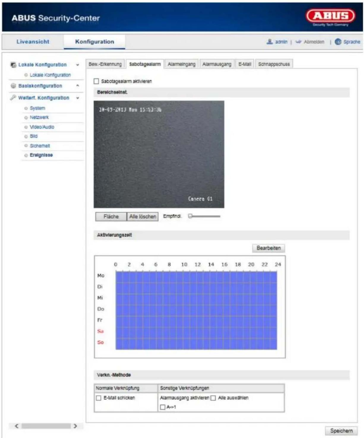 ABUS Security-Center Liveansicht Konfiguration admin Abmelden Sprache Lokale Konfiguration Lokale Konfiguration Baslakonfiguration Weiterf. Konfiguration System Netzwerk Video/Audio Sild Sichemelt Ereignisse Bew.-Erkennung Sabotagealarm Alarmeingang Alarmausgang E-Mail Schnappschuss Sabotagealarm aktivieren Bereichselnst. 30-05-2013 Mon 15:53:58 Concre 01 Fläche Alle löschen Empfindt Aktivierungszalt Bearbeiten 0 2 4 6 8 10 12 14 16 18 20 22 24 Mo Di Mi Do Fr Sa So Verkn.-Methode Normale Verknüpfung Sonstige Verknüpfungen E-Mail schicken Alarmausgang aktivieren Alle auswählen A->1 Speichern