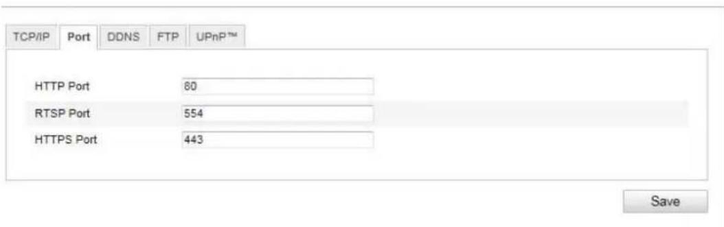 TCP/IP Port DDNS FTP UPnP™ HTTP Port 80 RTSP Port 554 HTTPS Port 443 Save