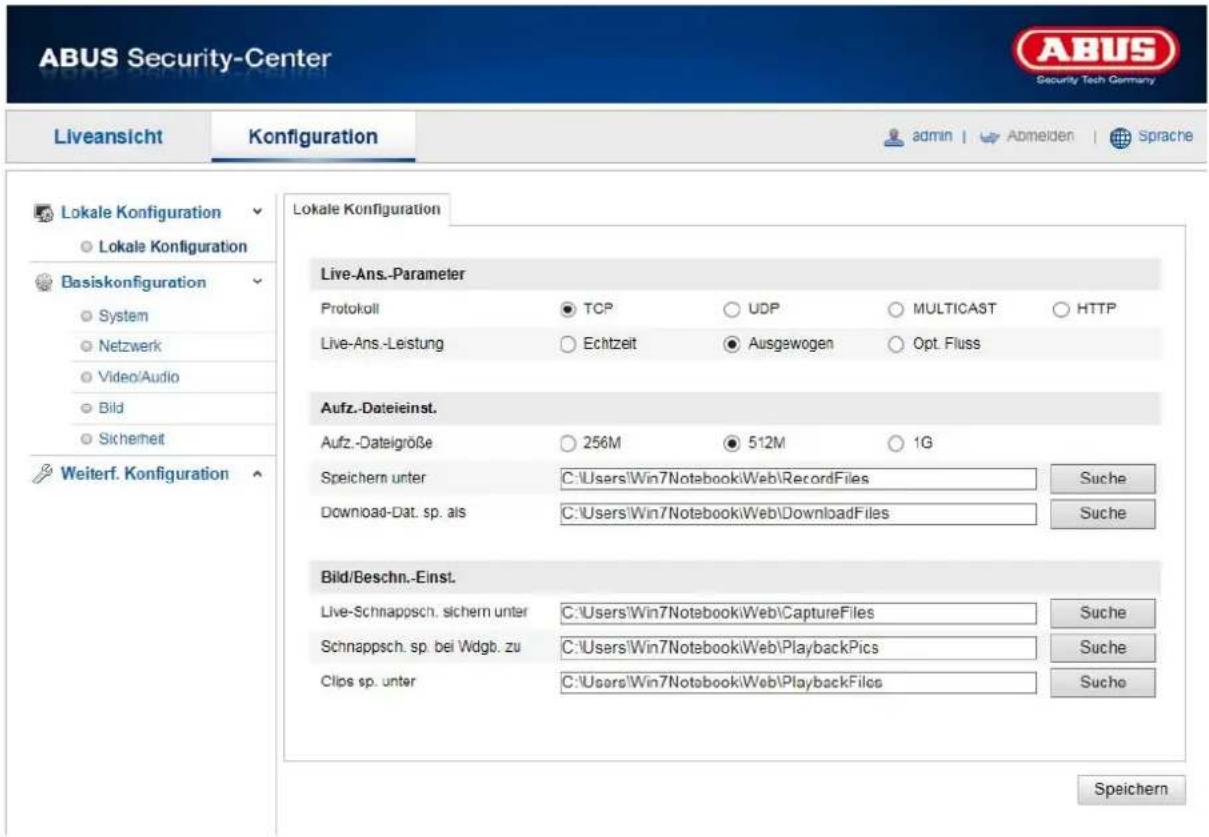 ABUS Security-Center Liveansicht Konfiguration admin | Abmeiden | Sprache Lokale Konfiguration Lokale Konfiguration Basiskonfiguration System Netzwerk Video/Audio Bild Sicherheit Weiterf. Konfiguration Lokale Konfiguration Live-Ans.-Parameter Protokoll TCP UDP MULTICAST HTTP Live-Ans.-Leistung Echtzeit Ausgewogen Opt. Fluss Aufz.-Dateieinst. Aufz.-Dateigroße 256M 512M 1G Speichern unter C:\Users\Win7Notebook\Web\RecordFiles Suche Download-Dat. sp. als C:\Users\Win7Notebook\Web\DownloadFiles Suche Bild/Beschn.-Einst. Live-Schnappsch. sichern unter C:\Users\Win7Notebook\Web\CaptureFiles Suche Schnappsch. sp. bei Wdgb. zu C:\Users\Win7Notebook\Web\PlaybackPics Suche Clips sp. unter C:\Users\Win7Notebook\Web\PlaybackFiles Suche Speichern