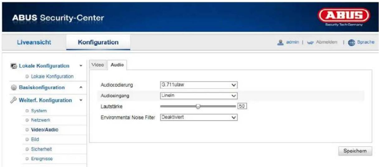 ABUS Security-Center Liveansicht Konfiguration admin Abmelden Sprache Lokale Konfiguration Lokaie Konfiguration Basiskonfiguration Weiterf. Konfiguration System Netzwerk Video/Audio Bild Sicherheit Ereignisse Video Audio Audiocodierung 6.711ulaw Audioeingang Lineln Lautstärke 50 Environmental Noise Filter Deaktiviert Speichern