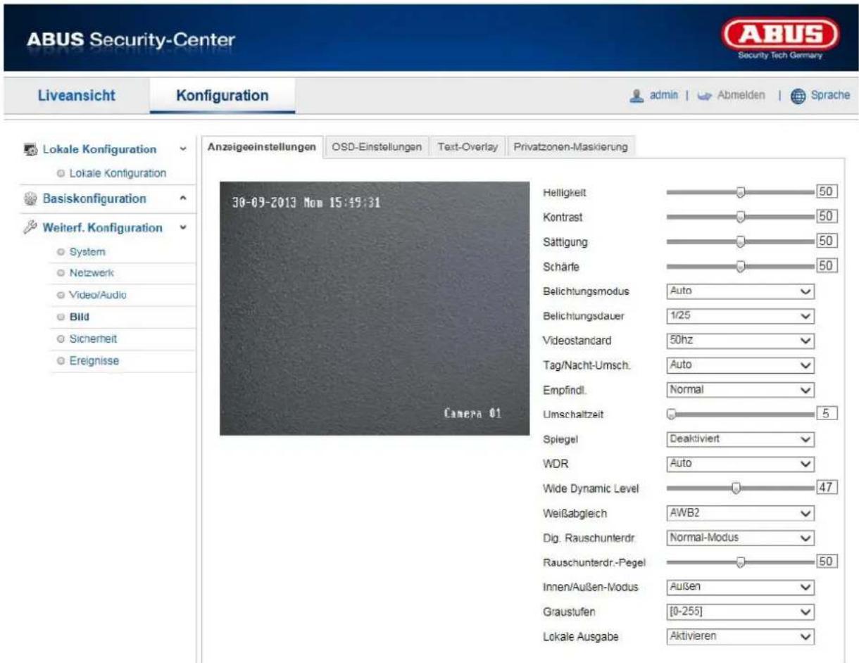ABUS Security-Center Liveansicht Konfiguration admin Abmelden Sprache Anzeigeeinstellungen OSD-Einstellungen Text-Overlay Privatzonen-Maskierung Lokale Konfiguration Lokale Konfiguration Basiskonfiguration Weiterf. Konfiguration System Netzwerk Video/Audio Bild Sicherheit Ereignisse 30-09-2013 Mon 15:49:31 Camera 01 Helligkeit 50 Kontrast 50 Sättigung 50 Schärfe 50 Belichtungsmodus Auto Belichtungsdauer 1/25 Videostandard 50hz Tag/Nacht-Umsch. Auto Empfindl. Normal Umschaltzeit 5 Spiegel Deaktiviert WDR Auto Wide Dynamic Level 47 Weißabgleich AWB2 Dig. Rauschunterdr. Normal-Modus Rauschunterdr.-Pegel 50 Innen/Außen-Modus Außen Graustufen [0-255] Lokale Ausgabe Aktivieren