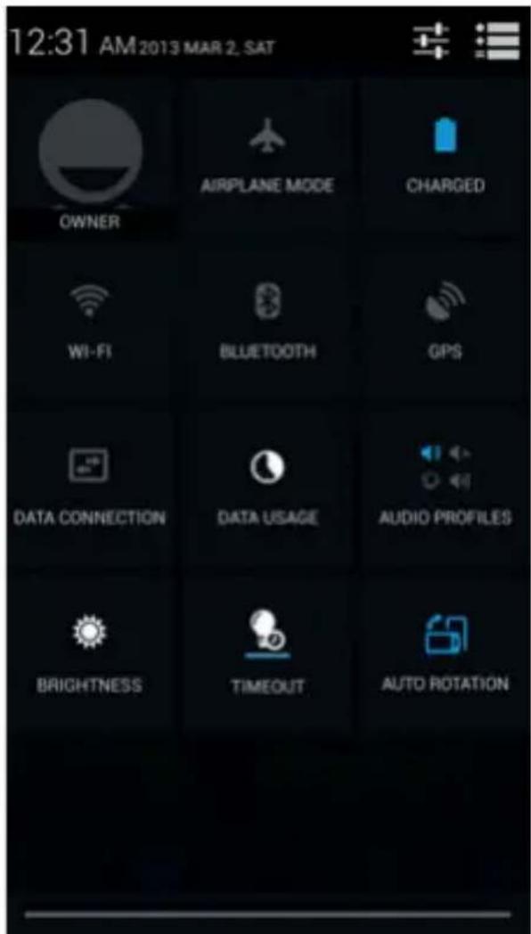 12:31 AM 2013 MAR 2. SAT OWNER AIRPLANE MODE CHARGED WI-FI BLUETOOTH GPS DATA CONNECTION DATA USAGE AUDIO PROFILES BRIGHTNESS TIMEOUT AUTO ROTATION