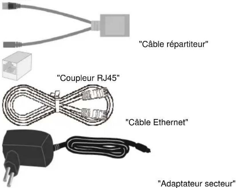 "Câble répartiteur" "Coupleur RJ45" "Câble Ethernet" "Adaptateur secteur"