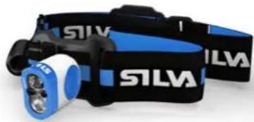 Product photo of a black and blue SLVA headband with a blue lens (no visible text or symbols)