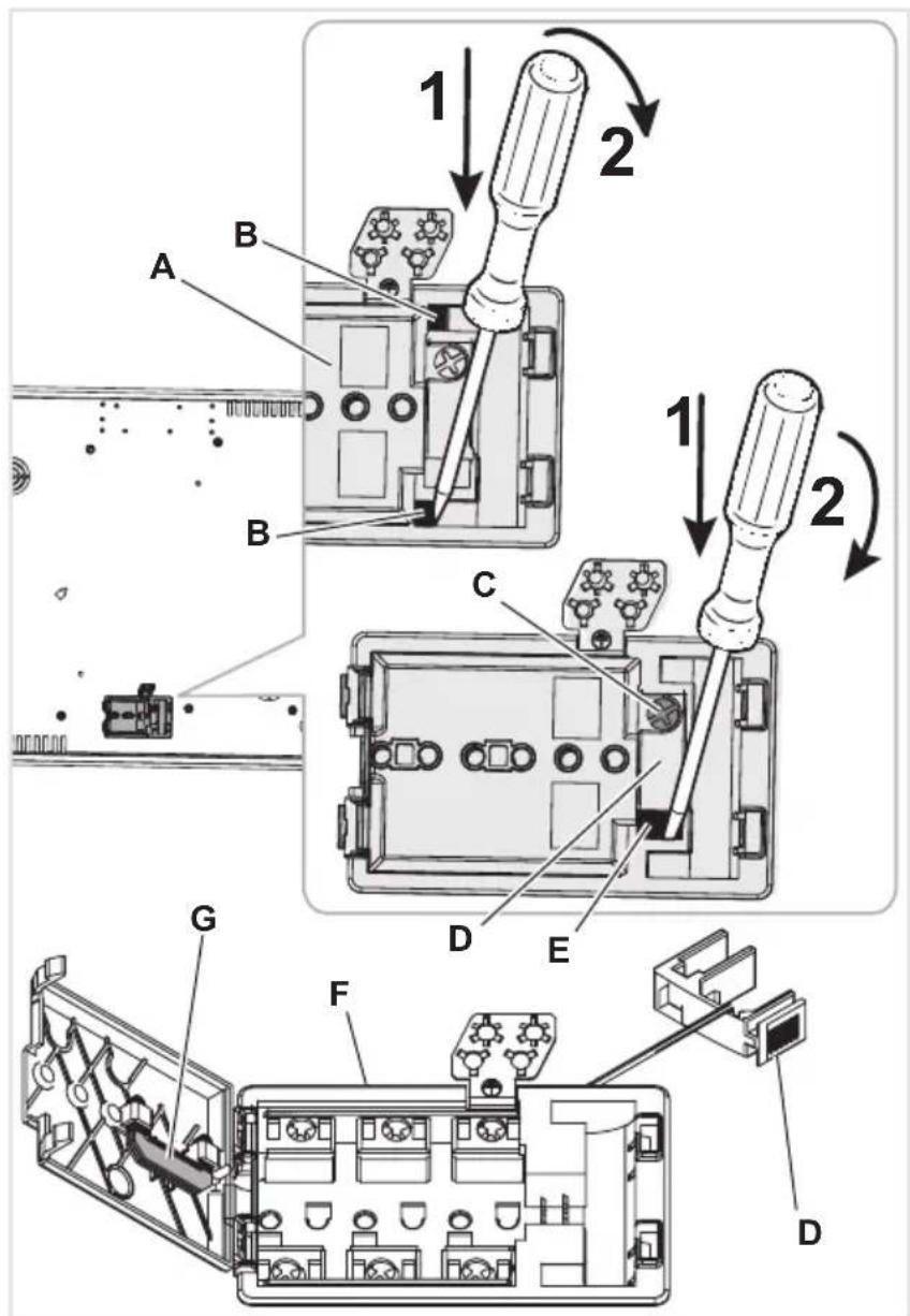 Technical diagram showing exploded view of a device with labeled components and numbered parts, likely for assembly or maintenance.