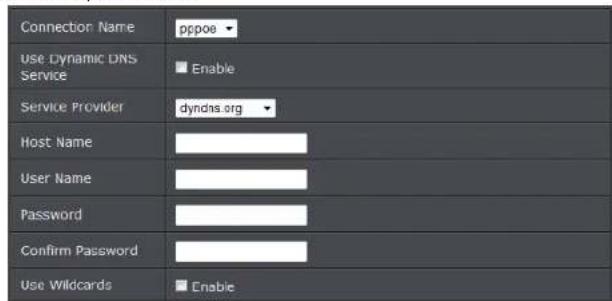 Connection Name pppoe Use Dynamic DNS Service Enable Service Provider dyndns.org Host Name User Name Password Confirm Password Use Wildcards Enable