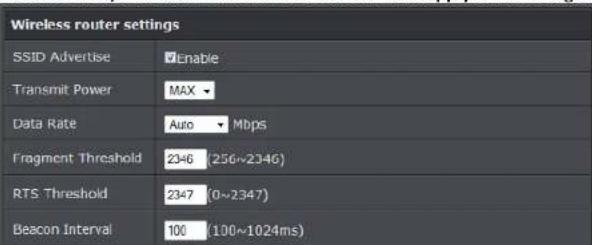 Wireless router settings SSID Advertise Enable Transmit Power MAX Data Rate Auto Mbps Fragment Threshold 2346 (256~2346) RTS Threshold 2347 (0~2347) Beacon Interval 100 (100~1024ms)