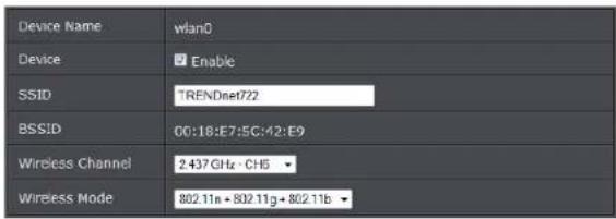 Device Name wlan0 Device Enable SSID TRENDnet72 BSSID 00:18:E7:5C:42:E9 Wireless Channel 2 437 GHz · CHS Wireless Mode 802 11a + 802 11g + 802 11b