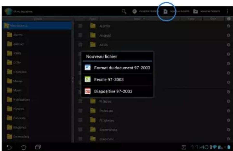 Mes d'octiers Mes d'octiers Alarms Android ASUS Nouveau fichier Format du document 97-2003 Feuille 97-2003 Diapositive 97-2003 Pictures Podcasts Pingtones Screenshots supervise