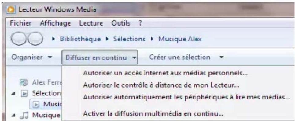 Lecteur Windows Media Fichier Affichage Lecture Outils ? ► Bibliothèque ► Sélections ► Musique Alex Organiser ▼ Diffuser en continu ▼ Créer une sélection ▼ Alex Ferre Sélection Music Musique Autoriser un accès Internet aux médias personnels... Autoriser le contrôle à distance de mon Lecteur... Autoriser automatiquement les périphériques à lire mes médias... Activer la diffusion multimédia en continu...