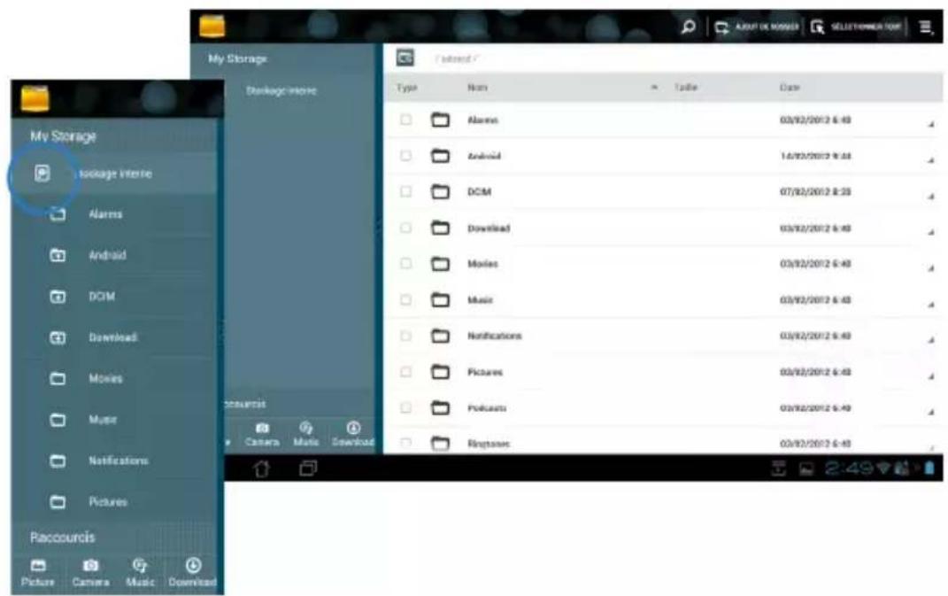 My Storage Package Interie Alarms Android DOM Download Movies Music Notifications Pictures Resources Camera Music Download F:\Users\* Type Name Table Date Alarms 03/02/2012 & 49 Android 1.6/02/2012 & 48 DOM 07/02/2012 & 35 Download 03/02/2012 & 48 Movies 03/02/2012 & 48 Music 03/02/2012 & 48 Notifications 03/02/2012 & 48 Pictures 03/02/2012 & 48 Policies 03/02/2012 & 48 Rockets 03/02/2012 & 48