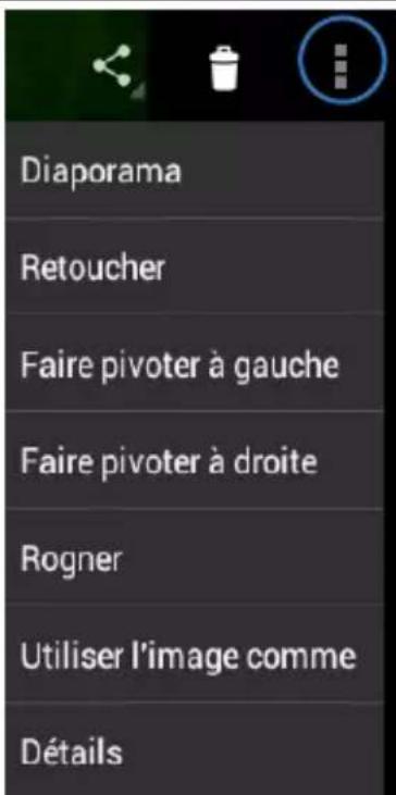 Diaporama Retoucher Faire pivoter à gauche Faire pivoter à droite Rogner Utiliser l'image comme Détails