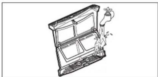 Line drawing of a kitchen sink with a faucet and steam rising (no text or symbols)