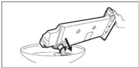 Line drawing of a mechanical component pouring liquid into a bowl (no text or symbols).