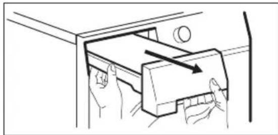 Line drawing of hands installing or adjusting a door panel with an arrow indicating direction (no text or symbols).