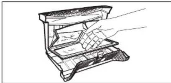 Line drawing of a hand opening a small open device with a tray, showing internal components (no text or symbols)