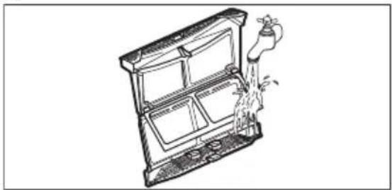 Line drawing of a kitchen sink with water spray and faucet (no text or symbols)