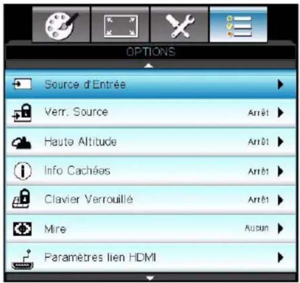 OPTIONS Source d'Entrée Verr. Source Haute Altitude Info Cachées Clavier Verrouillé Mire Paramètres lien HDMI