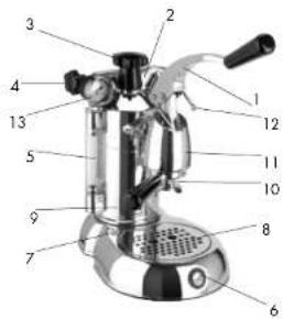 Labeled diagram of a coffee machine with numbered parts for identification