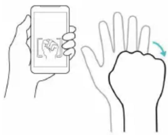 Illustration showing a hand holding a smartphone displaying a fingerprint, with a hand pointing to the palm and a green arrow indicating rotation.