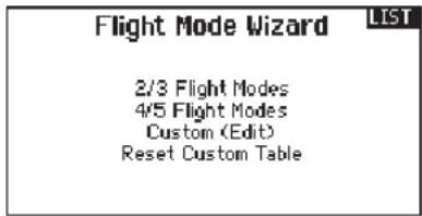 Flight Mode Wizard LIST 2/3 Flight Modes 4/5 Flight Modes Custom (Edit) Reset Custom Table