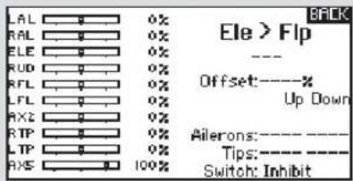 ELE > Flip ---- Offset:------% Up Down Ailerons:---- Tips:---- Switch: Inhibit