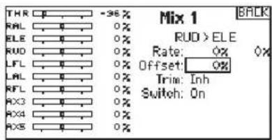 THR -36% RAL 0% ELE 0% RUD 0% LFL 0% LAL 0% RFL 0% RX3 0% RX4 0% RX5 0% Mix 1 BACK RUD > ELE Rate: 0% Offset: 0% Trim: Inh Switch: On