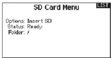 SD Card Menu Options: Insert SD Status: Ready Folder: /