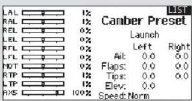 LIST LAL 1% RAL 1% REL 0% REL 0% RFL 0% LFL 0% MOT 0% RTP 1% LTP 1% RAS 100% Camber Preset Launch Left Right Ait: 0.0 0.0 Flaps: 0.0 0.0 Tips: 0.0 0.0 Elev: 0.0 Speed: Norm