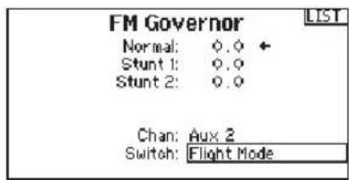 FM Governor Normal: 0.0 + Stunt 1: 0.0 Stunt 2: 0.0 Chan: Aux 2 Switch: Flight Mode LIST