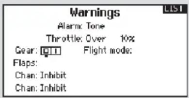 Warnings Alarm: Tone Throttle: Over 10% Gear: 📄 Flight mode: Flaps: Chan: Inhibit Chan: Inhibit