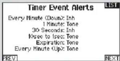 Timer Event Alerts Every Minute (Down): Inh 1 Minute: Tone 30 Seconds: Inh 10sec to 1sec: Tone Expiration: Tone Every Minute (Up): Tone PREV NEXT