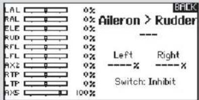 Aileron > Rudder LAL 0% RAL 0% ELE 0% RUD 0% RFL 0% LFL 0% RX2 0% RTP 0% LTP 0% RAS 100% Left Right ----x ----x Switch: Inhibit