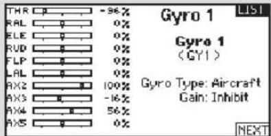 Thr RAL ELE RUD FLP LAL AX2 AX3 AX4 AX5 -96% 0% 0% 0% 0% 0% 0% 0% 0% 100% -16% 56% 0% Gyro 1 Gyro 1 (GY1) Gyro Type: Aircraft Gain: Inhibit NEXT